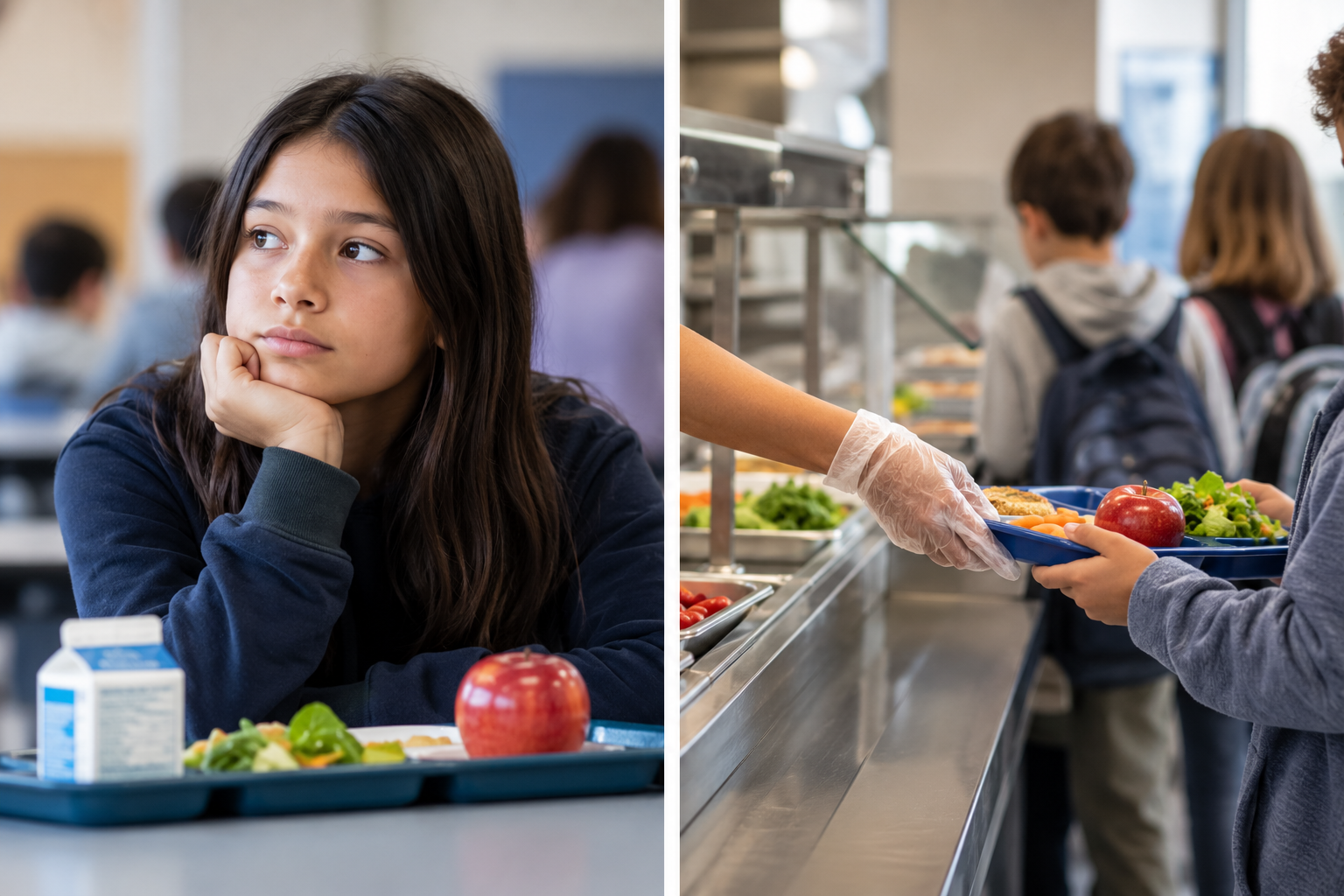 Students eating and receiving meals in a school cafeteria