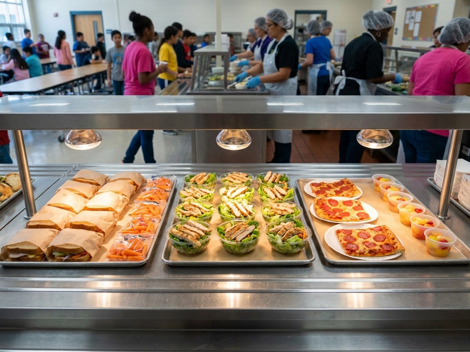 School cafeteria serving line with prepared lunches, including sandwiches, salads, pizza, and fruit, as students wait to receive their meals.