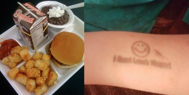 Side-by-side image showing a school lunch tray with food and a close-up of a child's arm marked with a stamp.