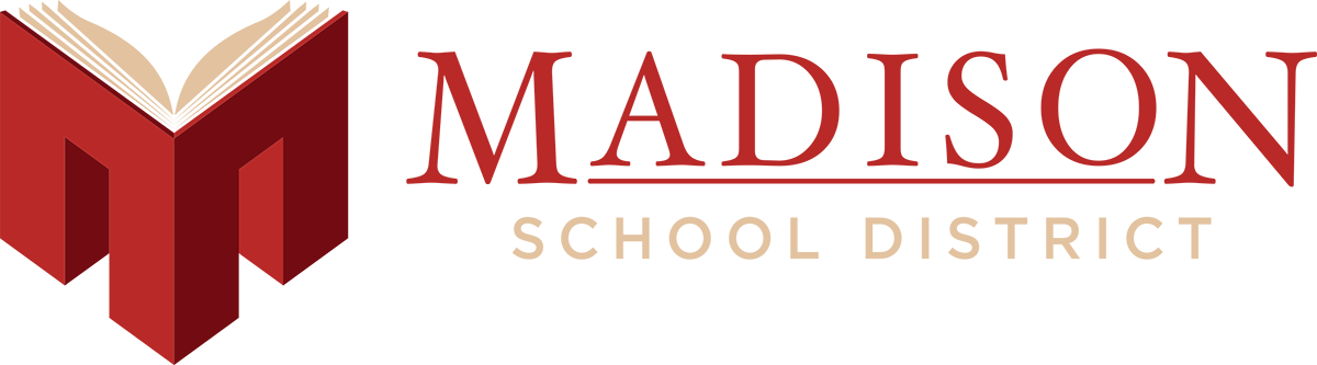Madison Elementary School District logo featuring a red letter M with an open book above it and the district name in red and beige lettering.