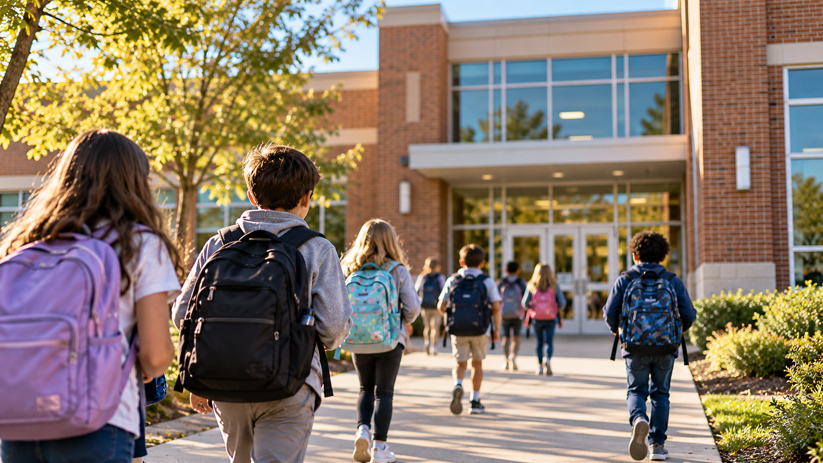 Students carrying backpacks walk toward the entrance of a public school, illustrating the nationwide impact of school lunch debt.