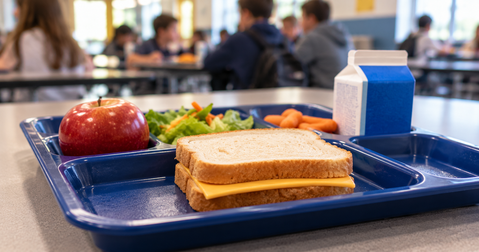 Cheese sandwich on white bread served on a blue school cafeteria tray with an apple, vegetables, and milk, with students in the background.