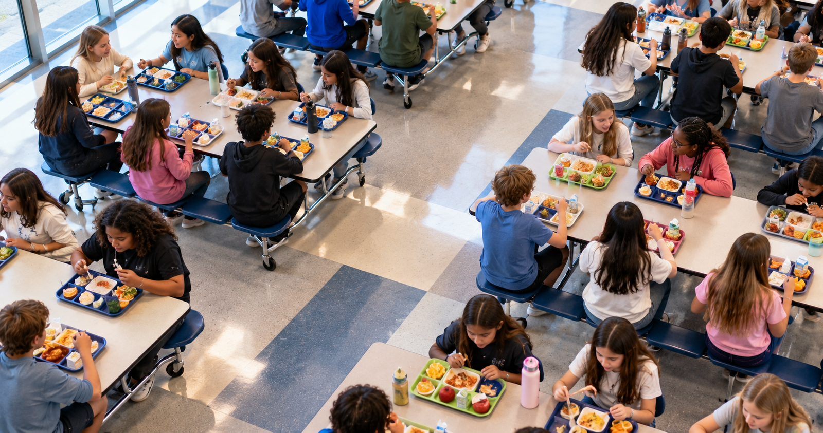 Overhead view of a busy school cafeteria filled with diverse students eating lunch and talking at long cafeteria tables