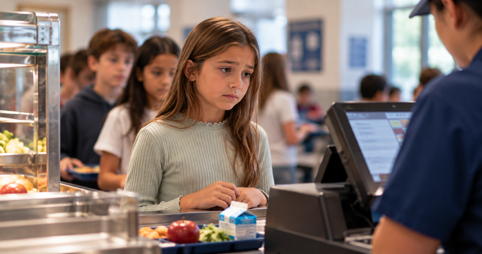 Young student looking concerned while standing at a school cafeteria register with her lunch as other students wait in line behind her.