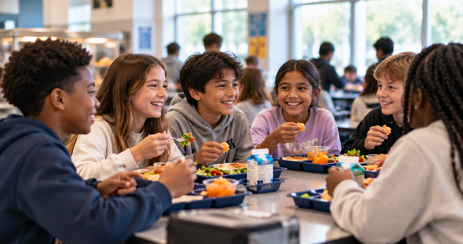 Diverse group of six students smiling, talking, and eating lunch together at a school cafeteria table.
