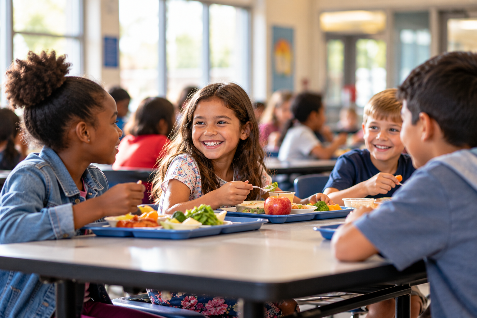 Diverse elementary school students smiling and talking while eating lunch together at a school cafeteria table.