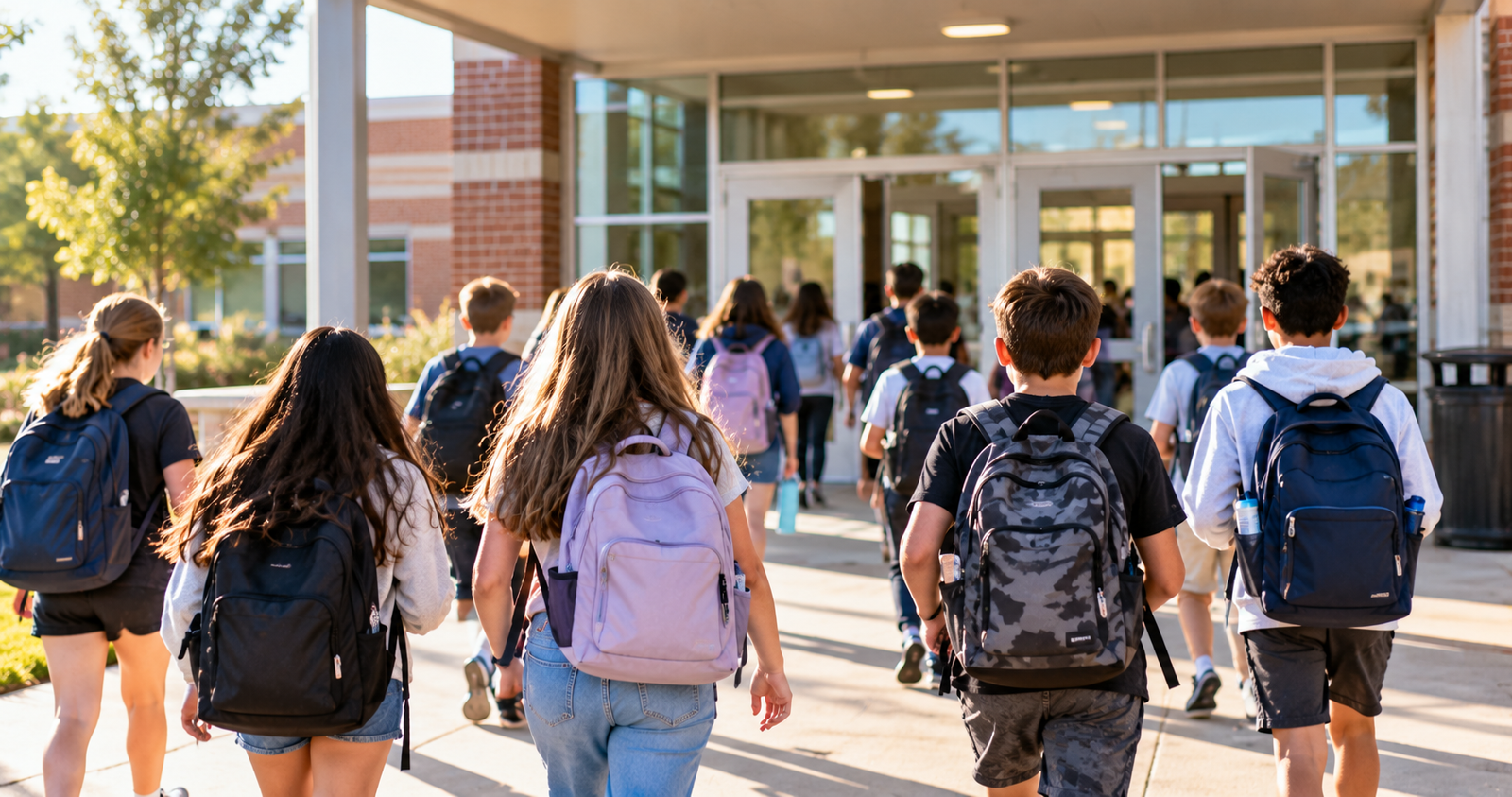 Group of diverse middle school students carrying backpacks and walking outside a school building in the afternoon sunlight.